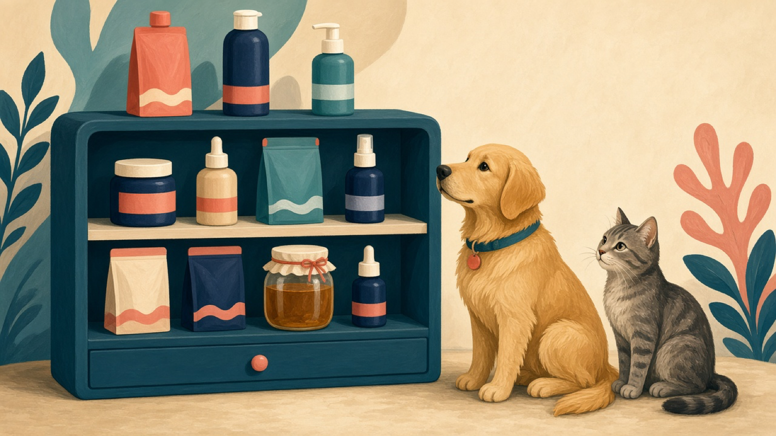 A dog and a cat beside a shelf of veterinary products